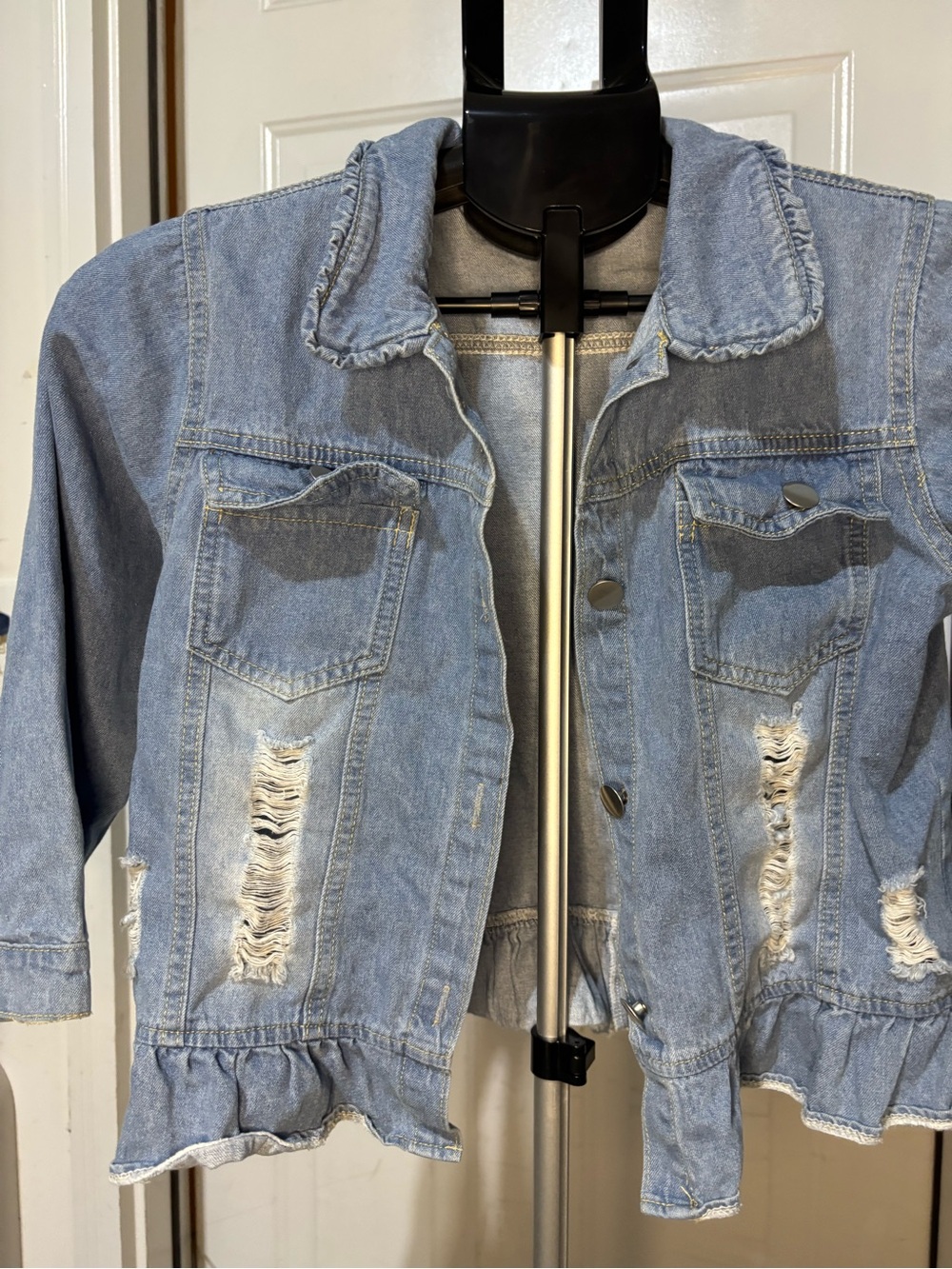 Girls Size 12 Distressed Denim Jacket Peplum Ruffle Hem Light Wash